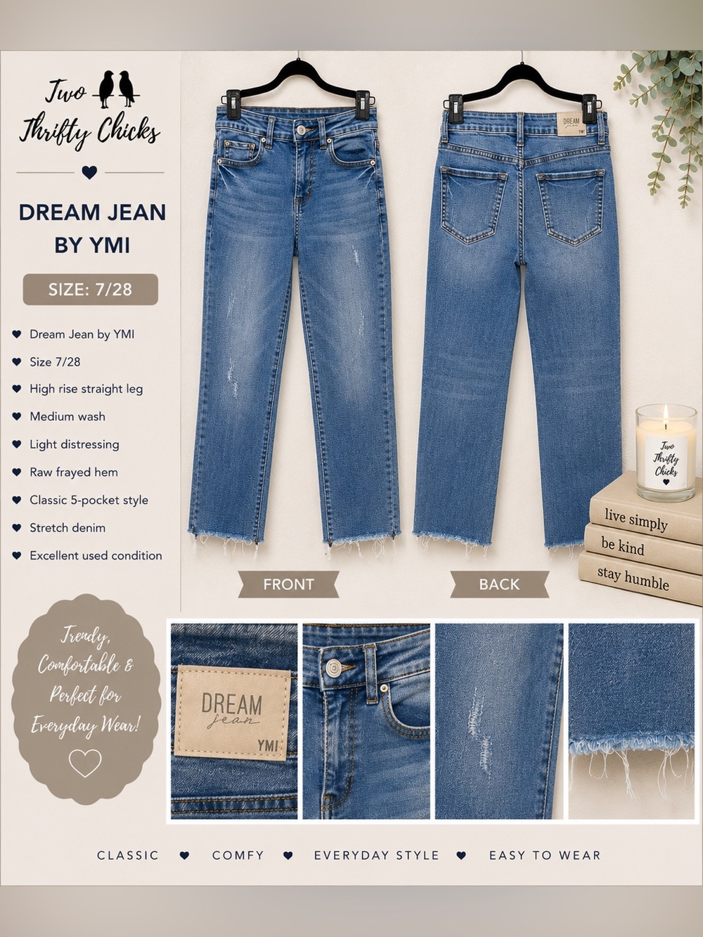 YMI Dream Jean | Medium Blue High-Rise Straight Jeans | Size 7/28 | GUC